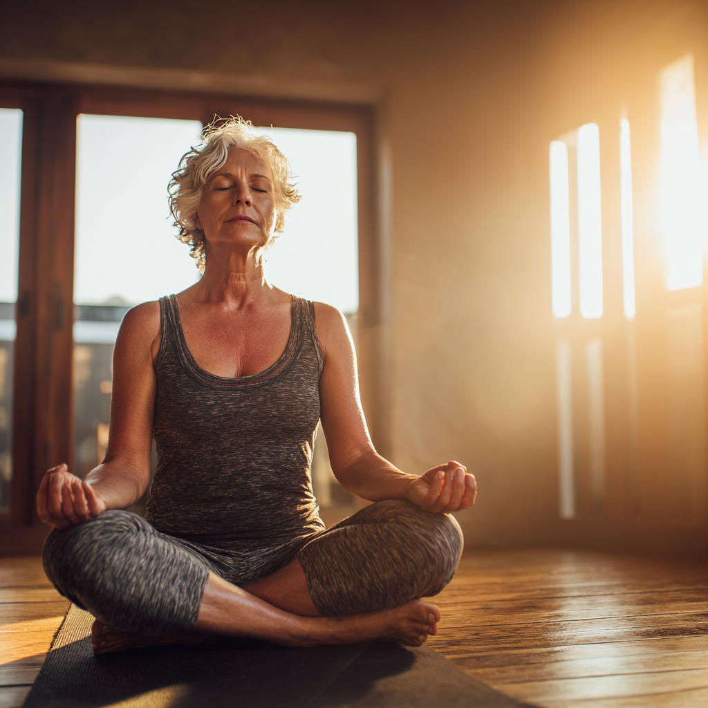 Mature woman aged 45 practicing yoga meditation pose in peaceful studio setting with natural lighting