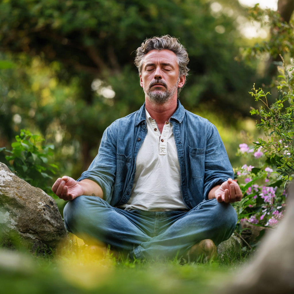 Peaceful middle-aged man around 50 years old meditating in lotus position outdoors in nature surrounded by greenery