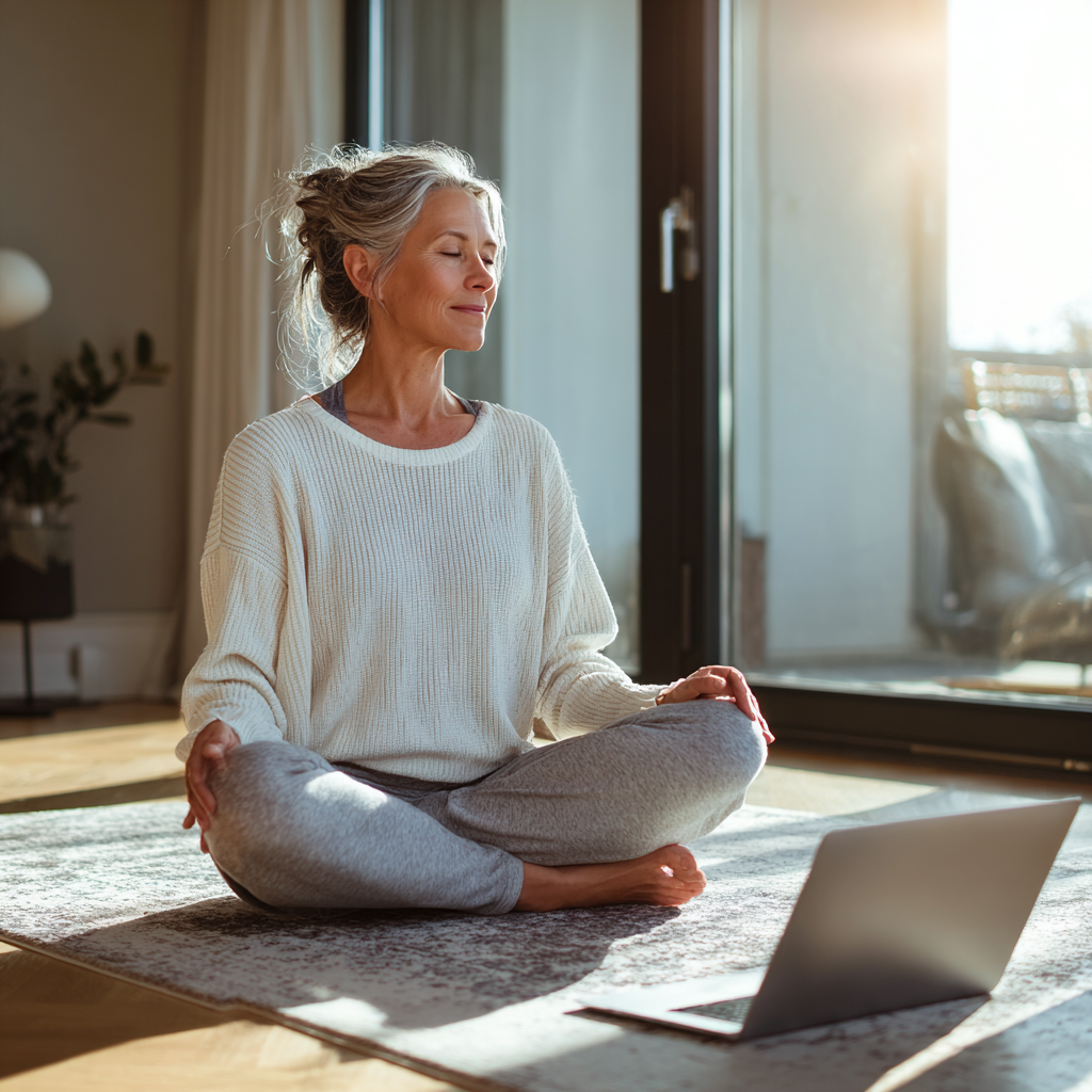 Relaxed woman in her late forties practicing yoga at home watching online class on laptop in bright modern room